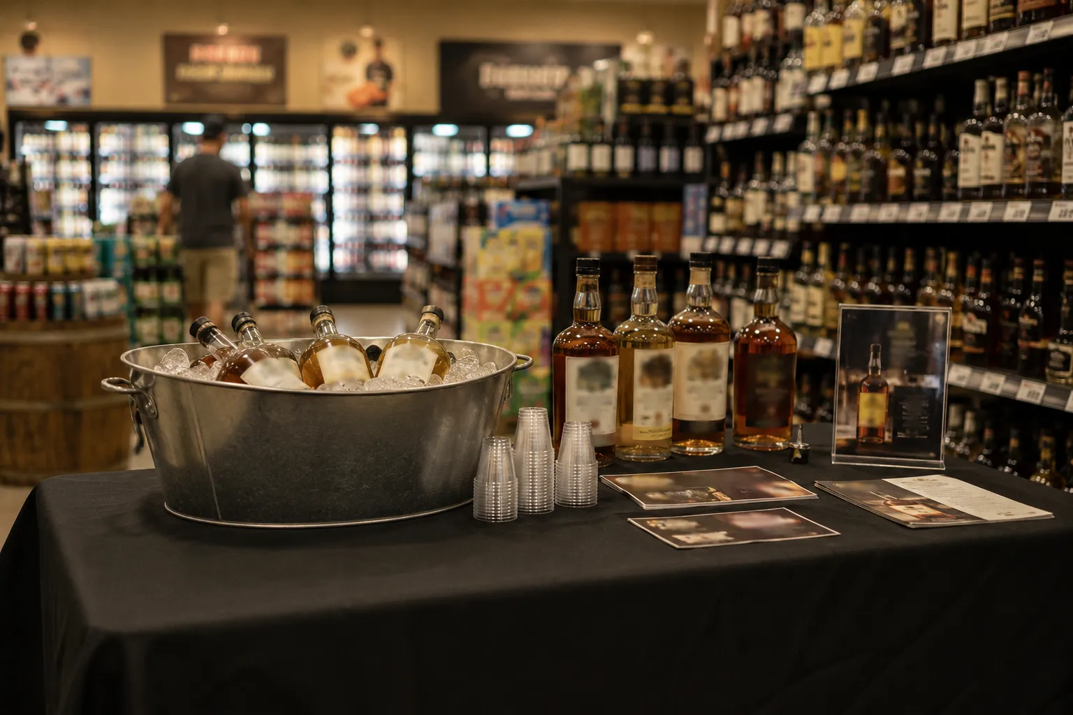 In-market retail activation with tasting table, bottles, and sample cups