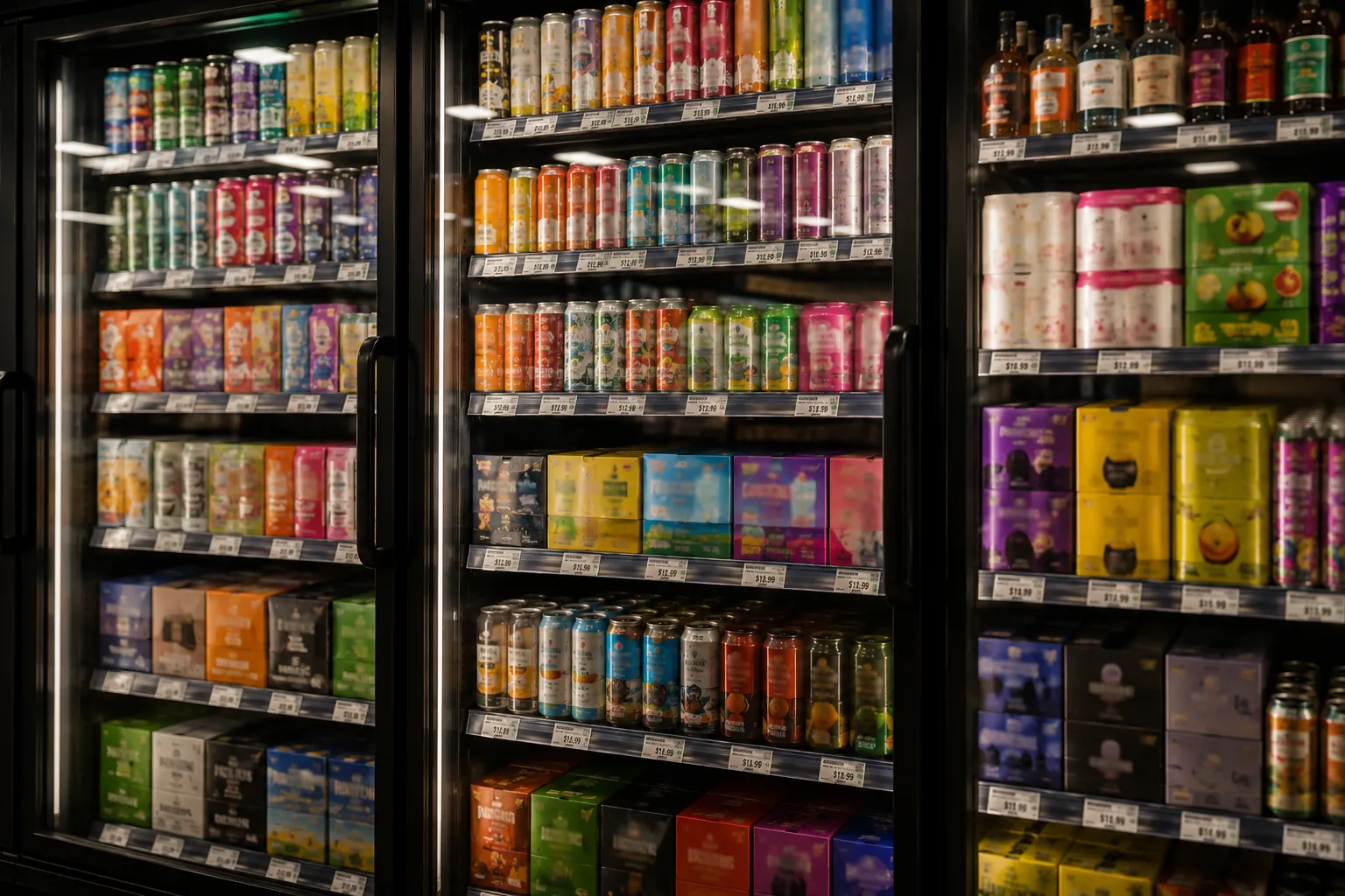 Beverage products merchandised across a refrigerated retail set