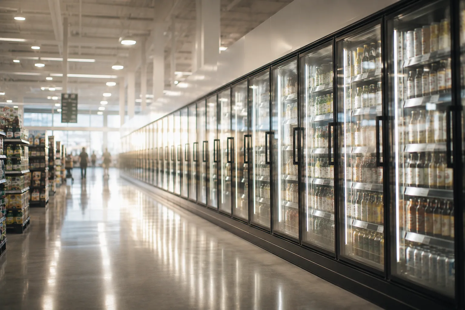 Beverage retail aisle with refrigerated cooler doors